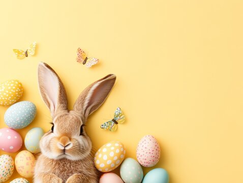 Playful bunny with colorful easter eggs and butterflies on yellow background