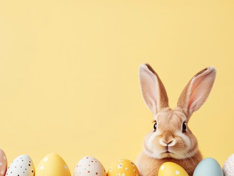 Cute rabbit among colorful easter eggs on yellow background