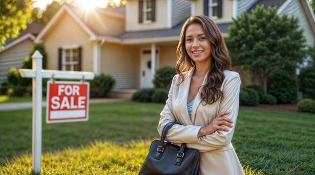 A smiling female real estate agent. The woman is standing in front of a home she is hoping to sell. A realtor.