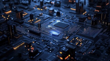 Fototapeta premium Abstract circuit board technology navy blue environment digital art futuristic viewpoint electronic concept
