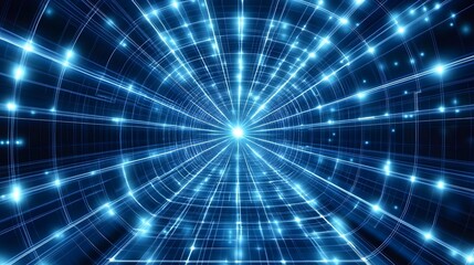 Obraz premium Abstract Blue Digital Tunnel, Futuristic Light Grid, Technology Background