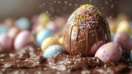 Vibrant chocolate easter egg with colorful sprinkles and mini eggs displayed on cocoa surface