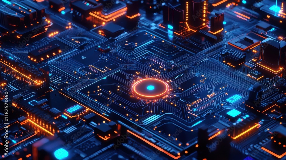Poster dynamic abstract circuit board design digital realm visual art futuristic environment top-down persp