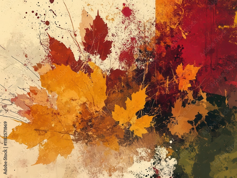 Poster abstract artistic interpretation of autumn foliage through dynamic paint splatter composition in sea