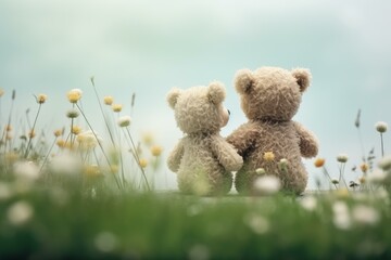 Two teddy bears are sitting in a field of wildflowers, embracing and enjoying the peaceful scenery