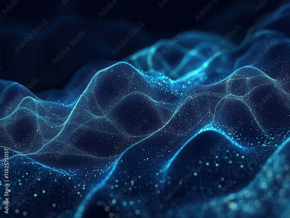 Poster abstract dark blue background filled with glowing particles, creating a sense of depth and movement,