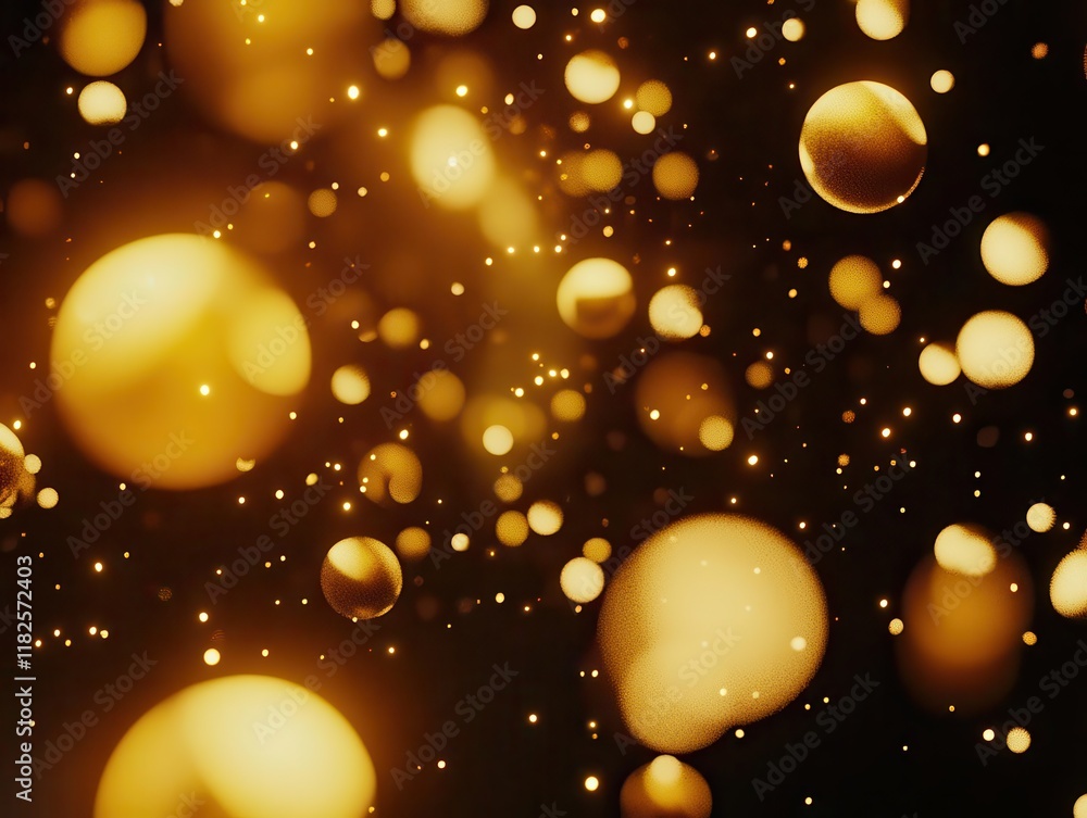 Poster abstract golden yellow light particles dancing in bokeh effect with soft glowing spheres on dark bac