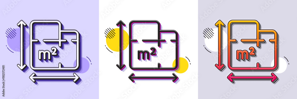 Poster floor plan line icon. halftone dotted pattern. gradient icon with grain shadow. room dimension sign.