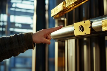 A person is pointing at a door with their finger