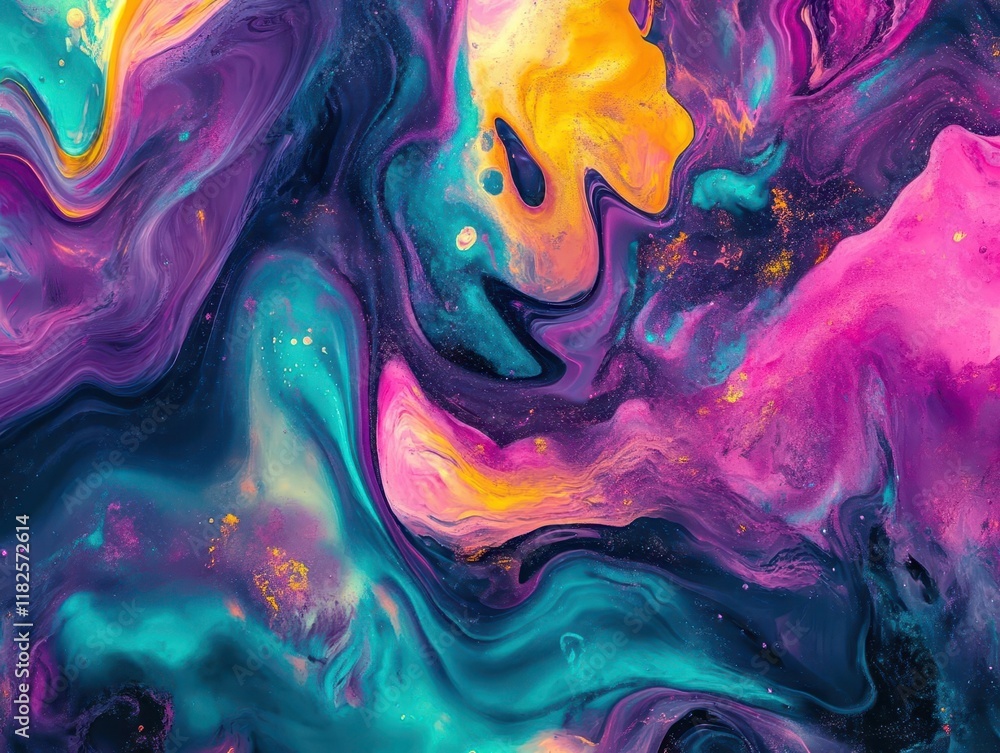 Poster abstract swirling patterns in vibrant neon colors creating a mesmerizing cosmic dance, with fluid sh