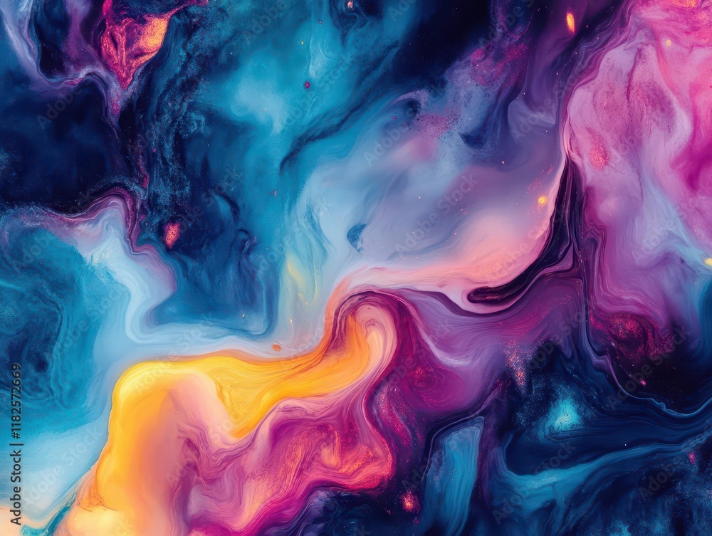 Poster abstract swirling patterns in vibrant neon colors creating a mesmerizing cosmic dance, with fluid sh