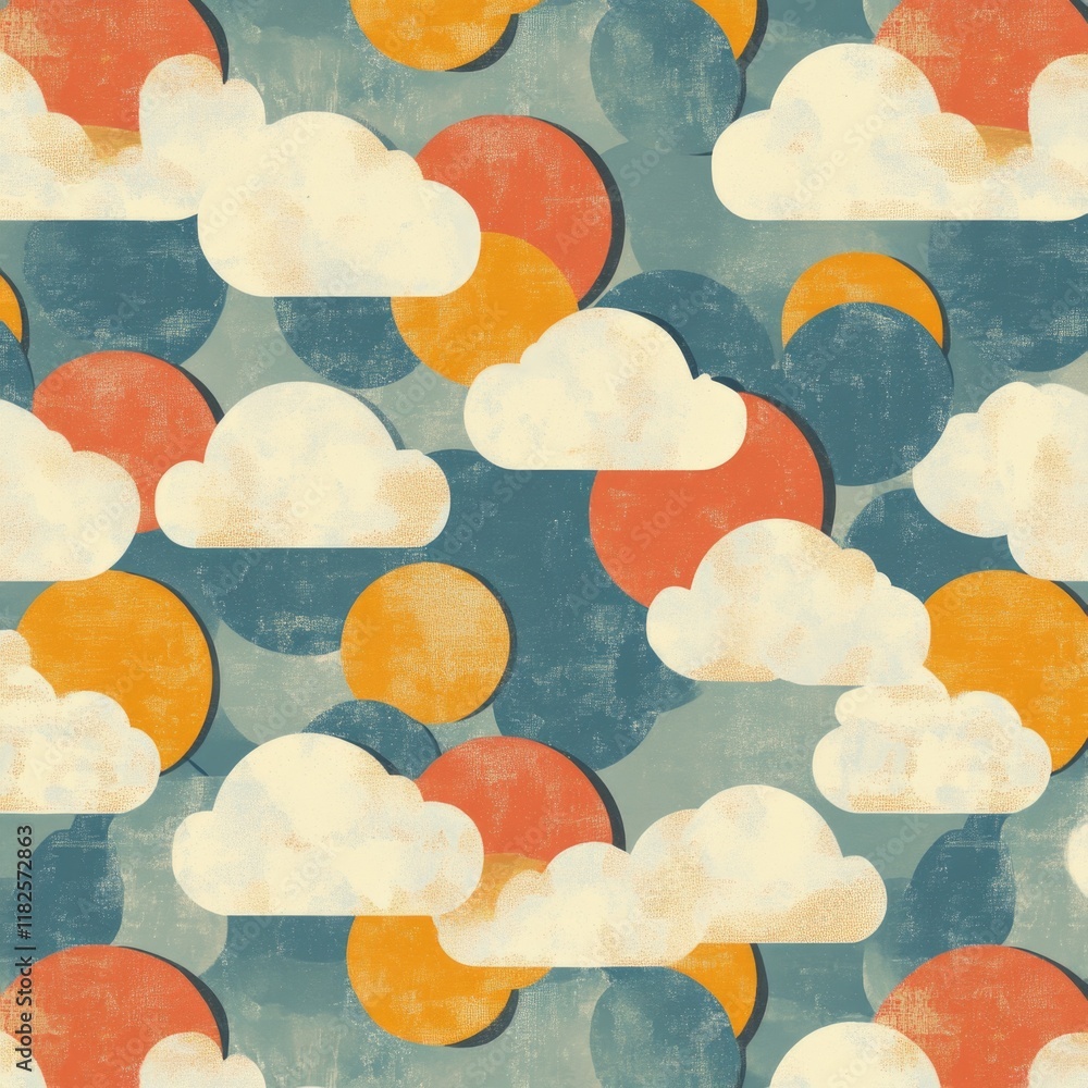 Poster a bright blue background featuring a unique pattern of clouds and oranges