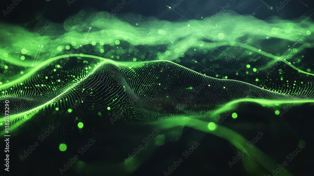 Poster abstract circuit design with neon green waves digital realm visual art sci-fi environment close-up v