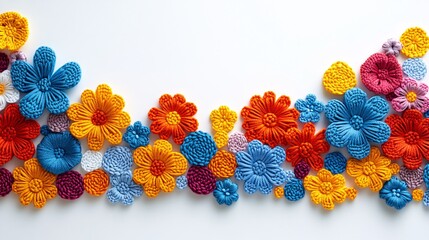 Colorful crochet flowers arranged in a beautiful pattern on a white background