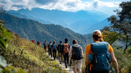 Obraz premium Hikers Trek Through Majestic Mountain Ranges
