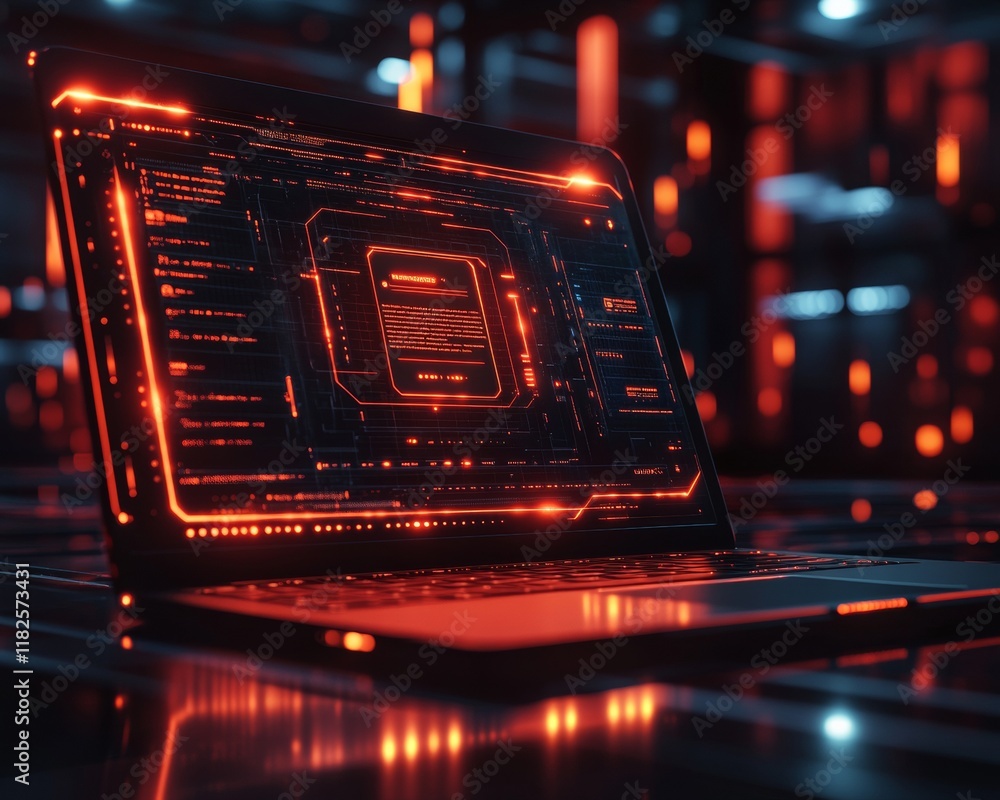 Poster futuristic cybersecurity sleek laptop with digital red interface