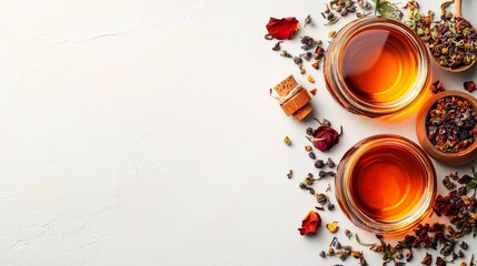 Herbal tea served in glass cups with dried flowers and leaves on a white background