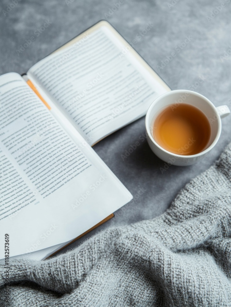 Poster cozy study setup with open book and cup of tea on gray surface