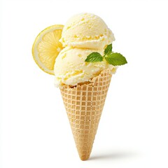 A delicious Lemon Sorbet ice cream scoop in a waffle cone, garnished with a mint leaf and lemon slice, perfect for summer treat.