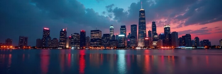 Blurred city skyline with stock ticker overlay, market, view