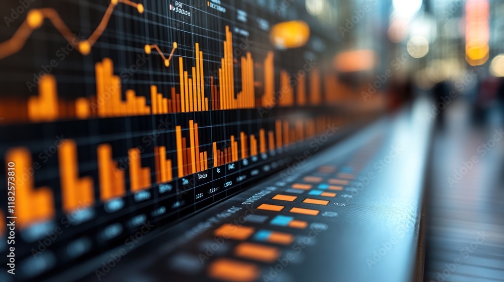 Poster financial data displayed on a large screen showing graphs and charts.