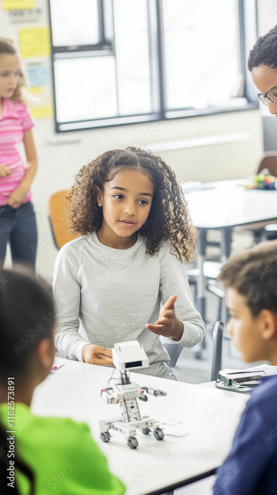 Poster curious minds engage in collaborative robotics projects in a vibrant classroom setting