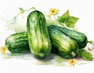 watercolor illustration of fresh green cucumbers concept of healthy eating vegetable gardening organic produce and summer harvest isolated on white background