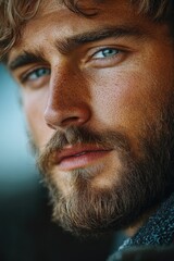 Obraz premium Close-up portrait of a bearded person, suitable for use in editorial or advertising contexts