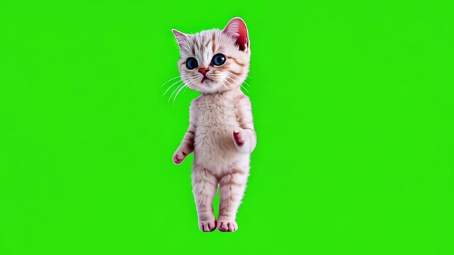 Looped dancing baby cute white kitten isolated on green chroma key background. Full body shot, alpha transparent overlay