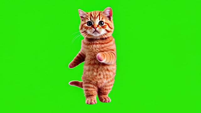 Looped dancing baby cute ginger kitten isolated on green chroma key background. Full body shot, alpha transparent overlay