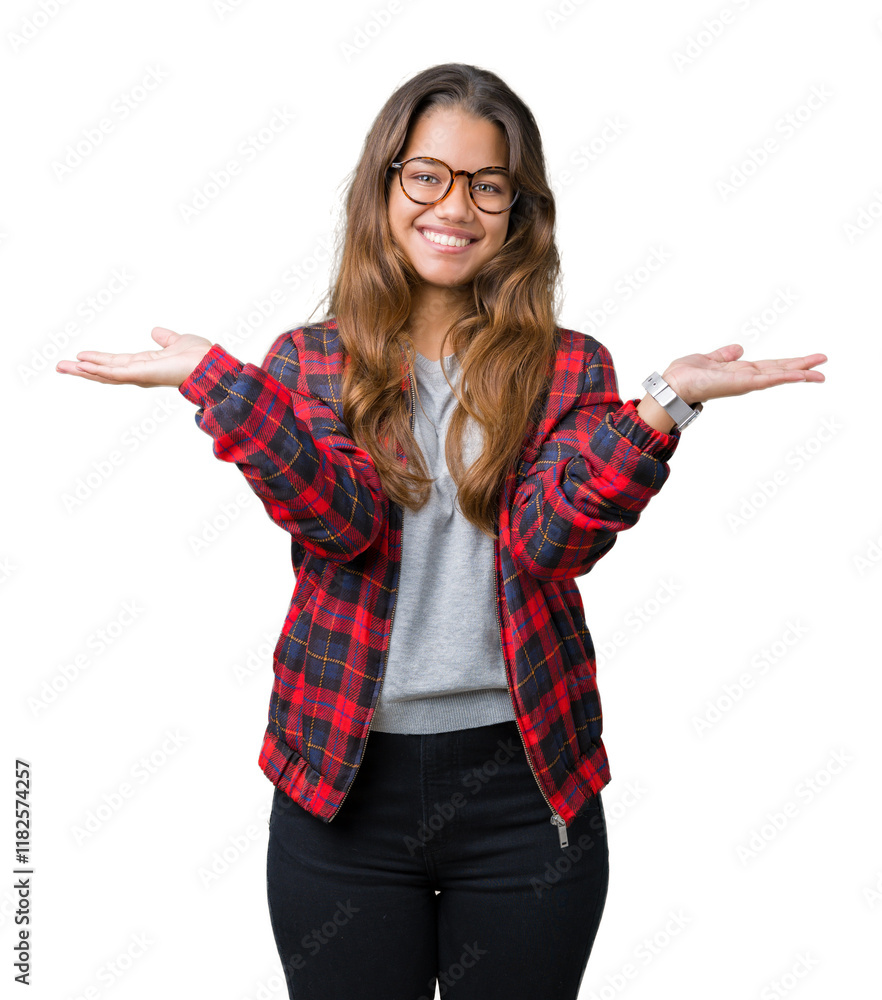 Sticker Young beautiful brunette woman wearing jacket and glasses over isolated background Smiling showing both hands open palms, presenting and advertising comparison and balance