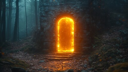 Obraz premium Fiery Portal Beckons Within A Misty Forest