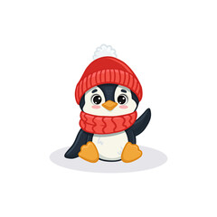 Cute cartoon penguin isolated on white. Flat illustration of penguin  for kids or babies t-shirt design, room decoration, Christmas cards. Funny penguin in hat. Vector 