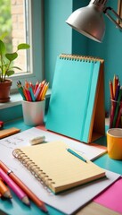 A whimsical arrangement of stationery and objects on a desk, supplies, paper