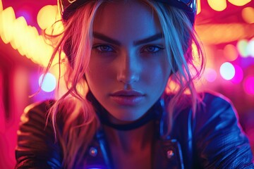 Fototapeta premium A woman wearing a leather jacket and goggles looks directly at the camera