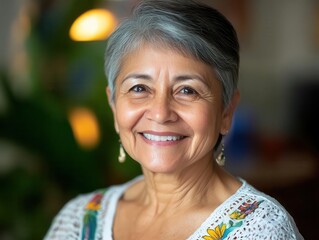 authentic portrait of cheerful elderly latin american woman with natural smile in comfortable nursing home environment with warm lighting
