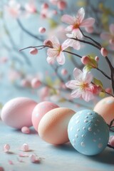 Fototapeta premium Pastel easter eggs and cherry blossoms: a springtime celebration