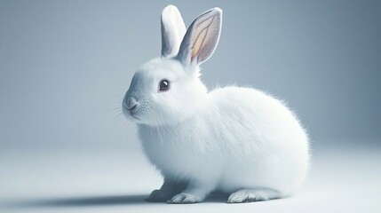 White rabbit sitting quietly on a light surface in a soft illumination setting