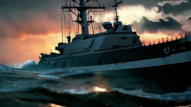 Corvette Ship in Action: Naval Power and Precision. Corvette-class warship speeding through the water, embodying strength. Military, maritime, and technology-themed campaigns.