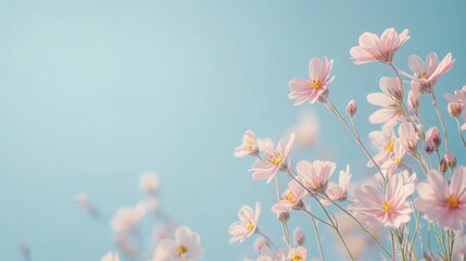 Naklejka premium Soft pink cosmos flowers against a clear blue sky