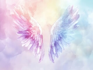 Fototapeta premium beautiful watercolor illustration of ethereal angel wings, radiating soft pastels and shimmering hues, creating a magical and serene ambiance, ideal for fantasy themes