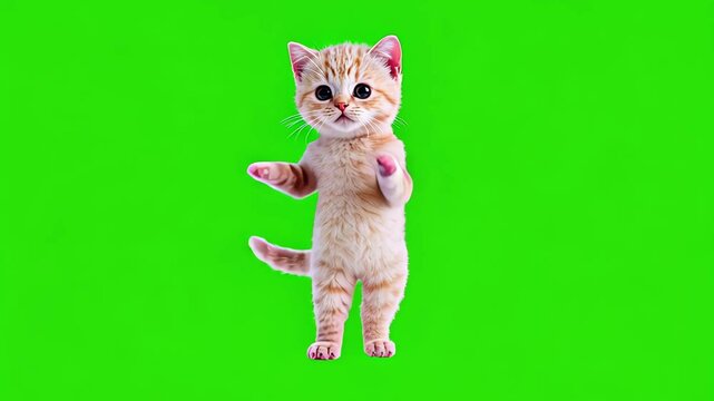 Looped dancing baby cute white kitten isolated on green chroma key background. Full body shot, alpha transparent overlay