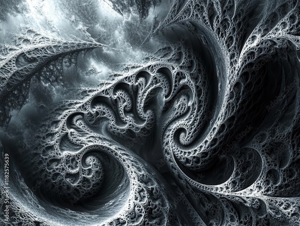 Poster black and white swirling abstract texture, featuring intricate finger-like patterns interweaving in 