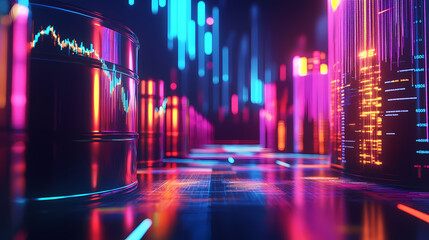 Oil barrels are depicted with fluctuating price charts, symbolizing market volatility and economic trends. image conveys sense of dynamic change in oil industry. Velvetlight. Illustration
