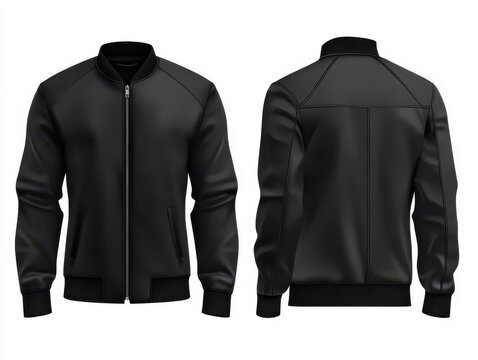 blank black jacket template for men displayed in a stylish manner, showcasing both front and back views for graphic design purposes, emphasizing versatility and elegance in fashion
