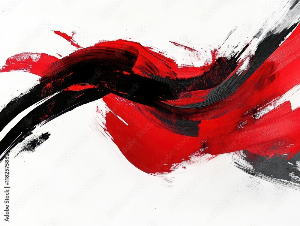 Poster bold red brush stroke dynamically applied on a clean white background, expressing creativity and art