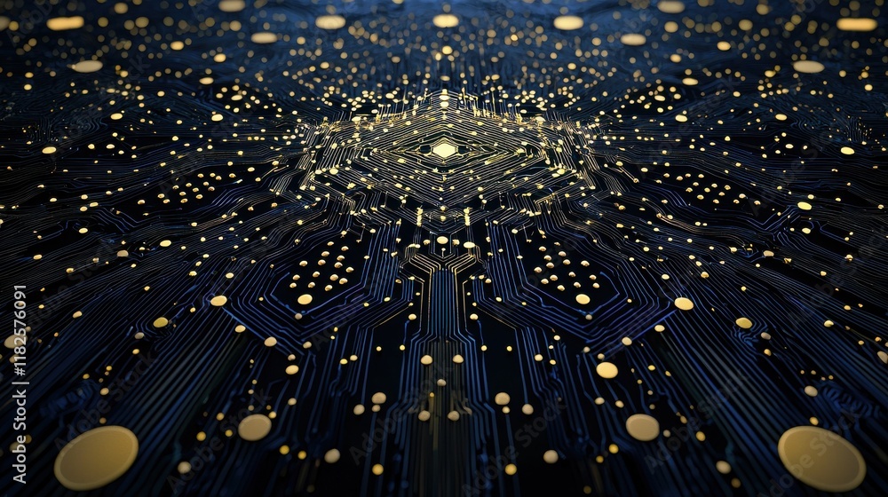 Poster futuristic golden hexagonal network visualization digital realm abstract art cyber environment aeria