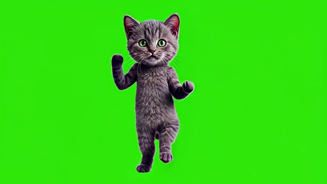 Looped dancing baby cute grey kitten isolated on green chroma key background. Full body shot, alpha transparent overlay