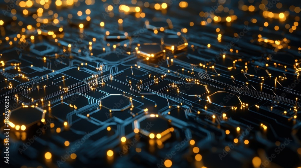 Poster futuristic network technology digital realm abstract art cyber environment close-up view golden hexa