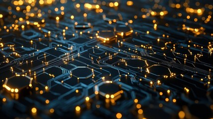 Obraz premium Futuristic network technology digital realm abstract art cyber environment close-up view golden hexagonal concept